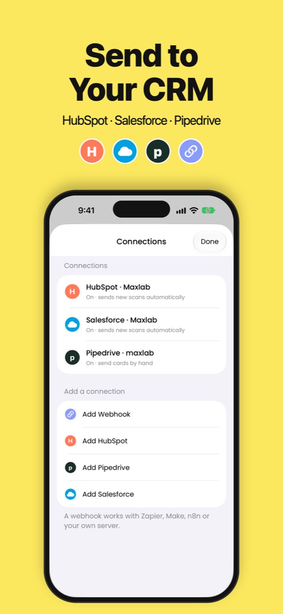 Krane connections screen with HubSpot, Salesforce and Pipedrive