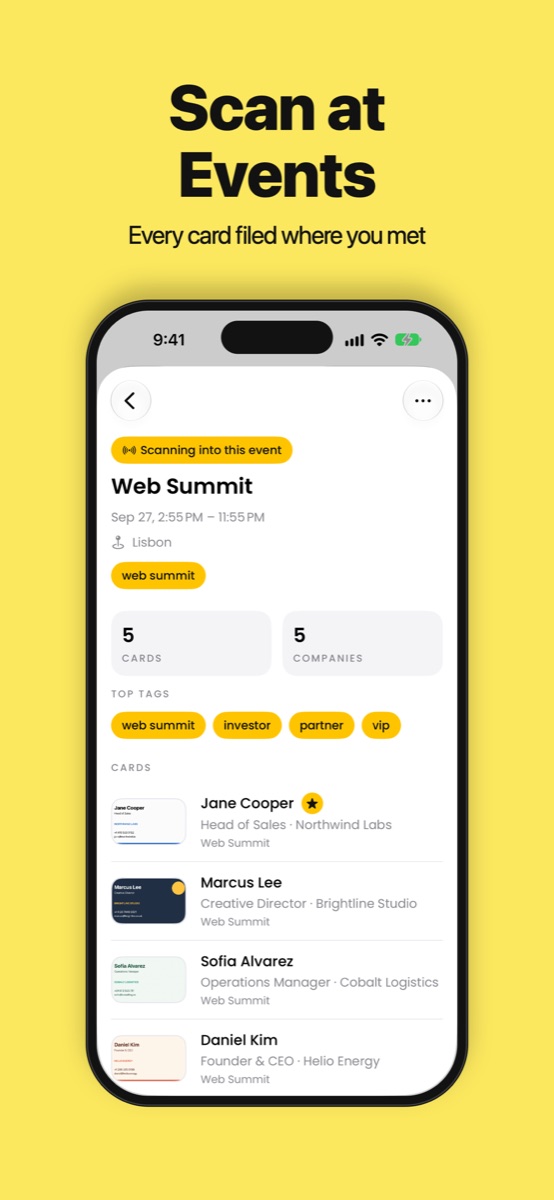 Krane event page listing the cards scanned at Web Summit